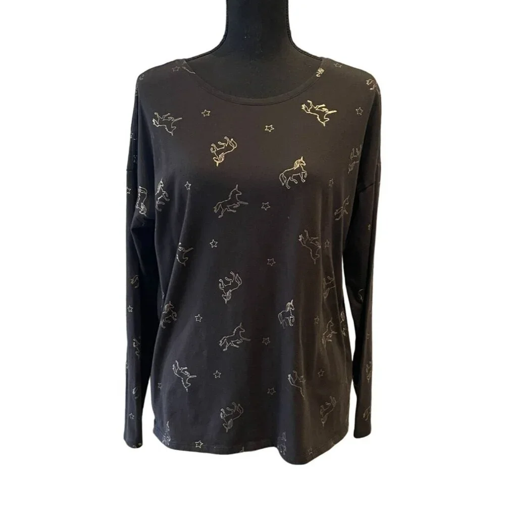 Vintage Old Navy Gold Foil Unicorn‎ Long Sleeve Top - Black & Metallic Gold XXL
